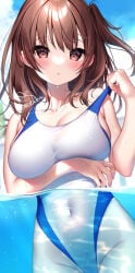 1girl blush breasts brown_eyes brown_hair cleavage competition_swimsuit covered_navel futaba_miwa groin highleg highleg_one-piece_swimsuit large_breasts long_hair looking_at_viewer one-piece_swimsuit one_side_up original outdoors partially_submerged partially_underwater_shot pulling_own_clothes solo swimsuit thighs water wet wet_clothes wet_swimsuit white_one-piece_swimsuit