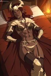 1girl abs ai_generated armor bed bikini_armor black_bra black_thighhighs blush bra breasts brown_hair cape dark-skinned_female dark_elf dark_skin digitalwaifugallery elf fire garter_belt gold_armor hands_on_own_hips hi_res high_quality high_resolution janai_(the_dragon_prince) lingerie lips long_hair looking_at_viewer lying medium_breasts muscular muscular_female navel netflix on_back on_bed orange_eyes panties patreon patreon_username pillow pointy_ears seductive sexy shoulder_armor shoulder_plates solo thighhighs toned uncensored underwear watermark web_address