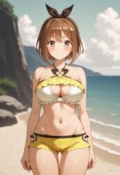 1girl ai_generated arms_at_sides ass_visible_through_thighs atelier_(series) atelier_ryza bare_arms bare_shoulders beach bikini black_hairband black_ribbon blue_sky blurry blurry_background blush bow bow_hairband breasts brown_eyes brown_hair cleavage cleavage_cutout closed_mouth clothing_cutout cloud collarbone cowboy_shot day frilled_bikini frills hair_between_eyes hair_ornament hair_ribbon hairband hairclip halterneck large_breasts looking_at_viewer navel ocean outdoors pixiv reisalin_stout rena_aikawa_(pixiv_user) ribbon rock sand shore short_hair short_shorts shorts skindentation sky smile solo stable_diffusion standing star_(symbol) stomach swimsuit thigh_gap thighs water white_bikini yellow_bikini yellow_shorts