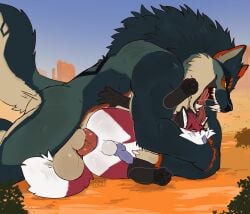 4_toes 5_fingers anal anal_penetration animal_genitalia animal_penis anthro balls big_balls big_penis black_body black_fur blue_body blue_fur bodily_fluids canid canine canine_genitalia canine_penis canis desert duo fangs feet fingers fox fur fur_markings genitals green_eyes green_sclera knot knotting leg_markings male mammal markings open_mouth orange_body orange_fur pawpads paws penetration penis purple_penis purple_tongue red_body red_fur saliva seibear size_difference sky socks_(marking) teeth toes tongue tongue_out white_body white_fur wolf zoru