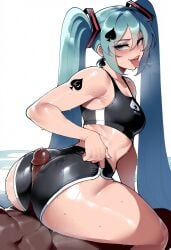 1boy 1girl ace_of_spades ai_generated aqua_eyes aqua_hair ass bare_shoulders black_shorts black_sports_bra blue_eyes blue_hair blush breasts bunnyart02 buttjob clothed_female_nude_male clothing club_(shape) crop_top dark-skinned_female dark-skinned_male dark_skin diamond_(shape) dolphin_shorts earrings erection female girl_on_top green_nails hair_between_eyes hair_ornament hatsune_miku hetero huge_ass interracial jewelry large_penis long_hair looking_at_viewer looking_back makeup male male_pubic_hair medium_breasts nude open_mouth penis penis_on_ass precum pubic_hair reverse_cowgirl_position saliva saliva_trail shiny_skin short_shorts shorts shoulder_tattoo simple_background sitting_on_person small_breasts smile solo_focus spade_(shape) sports_bra straddling sweat tattoo thick_thighs thighs tongue tongue_out twintails very_dark_skin very_long_hair vocaloid white_background