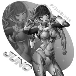 1girl 1girls alien alien/human alien_girl armor armored_female armored_gloves artist_name artist_signature artist_upload background black_and_white bodysuit boob_window boobs boobs_out breasts breasts_apart breasts_out female female_focus female_human female_only fit fit_body fit_female helmet inkblinkz jacket jacket_on_shoulders jacket_open jacket_removed juno_(overwatch) latex latex_bodysuit latex_clothing latex_gloves latex_legwear latex_suit martian overwatch overwatch_2 patreon patreon_artist patreon_username petite petite_body petite_breasts petite_female petite_girl petite_tits pose posing posing_for_the_viewer ripped_bodysuit ripped_clothes ripped_clothing ripped_pants ripping_clothing salute self_upload slim slim_female slim_girl slim_waist solo solo_female solo_focus tits torn_bodysuit torn_clothes torn_clothing