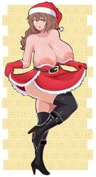 1girls big_breasts big_butt big_nipples boots brown_hair christmas christmas_clothing christmas_outfit comicomryu cosplay delicia_(comicomryu) glasses glasses_on_head green_eyes milf ryumxr thick_thighs