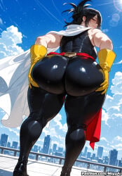 1girl ai_assisted ai_generated ass bare_shoulders belt black_hair bodysuit boku_no_hero_academia boots breasts building curvaceous curvy curvy_female curvy_figure female from_behind gloves looking_at_viewer looking_back miyuai my_hero_academia nana_shimura shiny shiny_clothes sky solo superhero thick thick_ass thick_butt thick_hips thick_legs thick_thighs thighs voluptuous voluptuous_female wide_hips wide_thighs