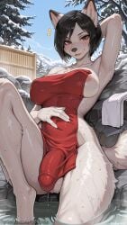 1girl ada_wong ai_generated animal_ears areola_slip armpits black_hair blush body_fur breasts brown_eyes covered_nipples decurse dog_ears dog_girl dog_tail erection furry furry_female futanari large_breasts looking_at_viewer onsen outdoors penis resident_evil short_hair sky smile solo tail testicles towel water wet