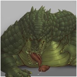 2019 animal_genitalia animal_penis anthro belly belly_masturbation big_belly bodily_fluids border claws colored crocodile crocodilian cum cum_spurt dagos digital_drawing_(artwork) digital_media_(artwork) fangs genital_fluids genitals grey_background gums hi_res male overweight overweight_male penis reptile ridges saliva saliva_string scales scalie shaded simple_background solo teeth tongue tongue_out yellow_eyes