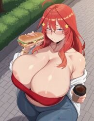 1girls ai_generated angel_yukkis ass big_ass big_breasts big_tits breasts curvy curvy_female curvy_figure day fat_ass food go-toubun_no_hanayome jeans nakano_itsuki nipples oppai park pussy pussy_juice sexy_female sexy_pose sleeveless_shirt sweat tits voluptuous_female