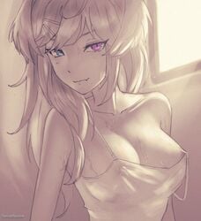 alternate_hairstyle blue_eyes breasts cleavage female hair_wings heterochromia highres light_rays long_hair looking_to_the_side monochrome nijisanji nijisanji_en nipple_slip nipples purple_eyes see-through selen_tatsuki sunset_skyline virtual_youtuber window