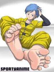 bare_feet barefoot blue_eyes blue_hair bulma_(dragon_ball) bulma_briefs dragon_ball dragon_ball_super dragon_ball_z feet feet_fetish feet_focus female female_focus foot foot_fetish foot_focus jumpsuit looking_at_viewer pink_soles presenting_feet scrunched_toes seductive seductive_smile short_hair simple_background soles solo_female sporty_anime sportyanime teasing_viewer toenails toes