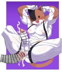 anthro blush bodily_fluids cum cum_inside drooling epic_games felid fortnite genital_fluids hi_res humanoid male male/male mammal man0. meowscles muscular saliva spread_legs spreading straps