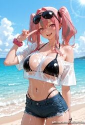 1girl ai_generated azur_lane bangs bare_shoulders beach bikini bikini_under_clothes black_bikini blue_sky blush breasts bremerton_(azur_lane) crop_top cutoffs day denim denim_shorts ear_piercing eyewear_on_head kermixx large_breasts long_hair looking_at_viewer mole mole_on_breast mole_under_eye navel navel_piercing ocean open_mouth outdoors piercing pink_eyes pink_hair scrunchie see-through shirt short_shorts shorts sky smile solo sunglasses swimsuit twintails wet wrist_scrunchie