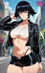 ai_generated black_eyes black_hair black_jacket black_leather_jacket black_shorts black_thong bleach bleach:_sennen_kessen-hen bleach:_the_thousand-year_blood_war bleach_brave_souls hand_behind_head jorgecarlosai leather_jacket navel nipple_bulge no_bra no_bra_under_clothes posing public public_exposure public_indecency revealing_clothes sexy short_hair short_shorts shorts soifon standing street sui-feng tank_top thighs thong toned unbuttoned unbuttoned_shorts underboob visible_thong visible_underwear watermark white_tank_top