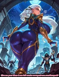 1girl absurdres ai_generated armor background_characters bodysuit comic detailed diana_(league_of_legends) english_text fingerless_gloves from_behind full_moon gauntlets glowing_eyes gold_trim graveyard high_quality huge_ass huge_breasts league_of_legends long_hair looking_back masterpiece night over_shoulder pauldrons pillars rampa69 ruins skin_tight sky solo symbol_on_head text thick_thighs watermark weapon white_hair wide_hips