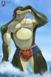 alligator beach big_balls big_penis chunie chunie_(artstyle) crocodile foreskin furry gay lizard men naked nude pants public sea shorts small_penis solo trousers uncut water watersports wavel wet