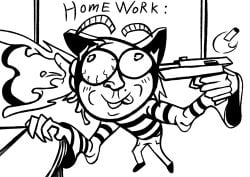 anthro blush clothing domestic_cat eyescutout felid feline felis gun hi_res lips male mammal meme monochrome ranged_weapon smile solo standing tongue toony toony_expression weapon