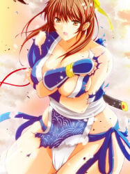 1girls big_breasts breasts brown_eyes brown_hair covering_breasts covering_privates dead_or_alive feet female kasumi_(doa) kettsu large_breasts long_hair panties torn_clothes underwear white_panties white_underwear