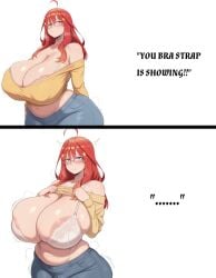 1girls ai_generated angel_yukkis ass big_ass big_breasts big_tits bra breasts curvy curvy_female curvy_figure day fat_ass female female_only go-toubun_no_hanayome jeans nakano_itsuki nipples oppai pussy pussy_juice room sexy_female sexy_pose shirt sweat text tits voluptuous_female