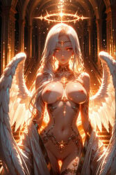 ai_generated angel angel_wings glowing_tattoo halo naked naked_female nipples nude nude_female pussy tattoo undressing