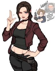 1girls 2026 2d blue_eyes blushypixy blushyspicy breasts brown_hair capcom chris_redfield claire_redfield cleavage cropped_jacket cropped_shirt female female_focus hidden_amogus jacket joke leon_scott_kennedy meme midriff navel open_jacket red_jacket resident_evil resident_evil_code_veronica smile smiling smiling_at_viewer wink winking winking_at_viewer