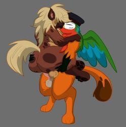 absurd_res anal anal_penetration animal_genitalia animal_penis anthro avian balls big_butt blonde_hair brown_body brown_fur butt butt_grab canid canine claws clothing duo eyes_closed facial_piercing felid feline feline_genitalia feline_penis fur genitals gryphon hair hair_over_eyes hand_on_butt hand_on_shoulder hat headgear headwear hi_res holding_another hybrid hyena kissing lifting male male/male mammal mythological_avian mythological_creature mythology nose_piercing nose_ring orange_body orange_fur pawpads paws penetration penis piercing raised_tail ring_piercing sex simple_background slightly_chubby spots standing standing_sex tail villegreen whiskers wide_hips wings