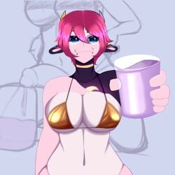 character_name cow_girl cum cum_in_a_cup cum_in_container dickgirl futanari gold_bikini holding_cup ice_(sweet_mei) leaking_cum looking_at_viewer milk milk_in_cup milking_cum oc purple_cum purple_milk smile sweet_mei