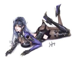 ass_visible_through_clothes bangs big_ass black_latex blue_hair busty busty_female curvy curvy_figure high_heels lace_pantyhose_hooked_on_heel_(meme) long_hair nirvatia pantyhose punishing:_gray_raven skimpy skimpy_clothes thick_thighs wide_hips