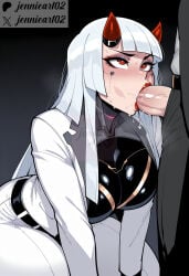 1boy 1girl ai_generated android belt blunt_bangs blush bodysuit breasts clothing erection eyeshadow fellatio female heart-shaped_pupils helltaker hetero hime_cut horns jennieart02 kneeling large_breasts large_penis lips lipstick long_hair looking_up makeup male omnic oral overwatch overwatch_2 patreon_username penis red_eyes red_lips rolling_eyes saliva shion_(overwatch) solo_focus sweat veins veiny_penis white_hair white_pants