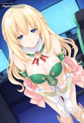 1girl ai_generated anime anime_style artist_name bare_shoulders blonde_hair blue_eyes blush braid breasts chair cleavage closed_mouth cpu_(neptunia) desk dress dutch_angle french_braid frilled_gloves frills from_above gloves green_heart_(neptunia) hair_between_eyes hands_on_own_knees hentai hi_res hyperdimension_neptunia indoors large_breasts leaning_forward long_hair looking_at_viewer monitor mystic_maidens neptunia_(series) patreon see-through sidelocks sitting smile solo standing vert vert_(neptunia) very_long_hair white_gloves