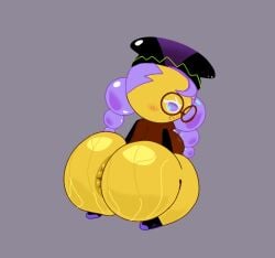 , alchemist_cookie ass_focus, big_ass, blush blushing brown_clothing caught caught_off_guard cookie_run, cookie_run_kingdom, female, from_behind, hat, huge_ass, looking_back, purple_hair, shiny_skin, simple_background solo, sweat, sweatdrop, sweaty,