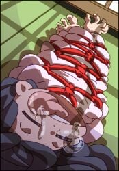 asleep barefoot black_hair bondage drooling female immovable_corridor japanese_house pink-eyed_woman_(immovable_corridor) rope rope_bondage shibari sleeping snot_bubble