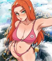 1girls 2026 2d atom_eve big_breasts bikini breasts busty city_background cityscape cleavage clothing clouds female female_focus female_only green_eyes haolksou highres invincible invincible_(tv_series) large_breasts lipstick long_hair navel orange_hair pink_bikini samantha_eve_wilkins selfie selfie_pose superheroine voluptuous