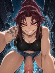 1futa 1futanari ai_assisted ai_generated ass bare_penis below_view belt big_ass big_breasts big_butt big_hips big_penis black_tank_top breasts cleavage close-up clothed clothing denim denim_bottomwear denim_clothing denim_shorts dick dickgirl evil_grin evil_smile eyebrows eyelashes futanari hair huge_cock kabedon leaning_forward lips makeup narrow_waist nose penis ponytail purple_hair red_hair revy revy_(black_lagoon) smile smooth_balls smooth_penis smooth_skin taker_pov tank_top tattoo tattooed_arm velfur