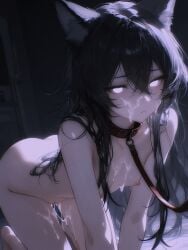 1girl all_fours animal_ear_fluff animal_ears bangs black_hair breasts closed_mouth collar completely_nude cum cum_on_body cum_on_breasts cum_on_hair facial glowing glowing_eyes hair_between_eyes leash long_hair looking_at_viewer nipples nude small_breasts solo viewer_holding_leash