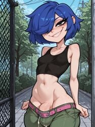 1futa 1futanari ai_assisted ai_generated ass bangs bangs_over_eyes bangs_over_one_eye belt big_ass big_breasts big_butt big_hips big_penis black_eyes black_topwear blue_hair breasts bulge bulge_through_clothing bulge_under_clothes cleavage dick dickgirl ed_edd_n_eddy eyebrows eyelashes futanari green_pants hair huge_cock lips makeup marie_kanker midriff narrow_waist navel nose pants penis penis_bulge shirt smooth_balls smooth_penis smooth_skin topwear velfur