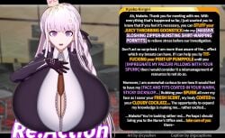 before_paizuri before_sex boobs breasts cyshen danganronpa danganronpa:_trigger_happy_havoc danganronpa_(series) food gigantic_breasts horny horny_female imminent_sex indoors kirigiri_kyouko naegi_makoto noodles_(food) offscreen_character offscreen_male purple_eyes tied_shirt white_hair