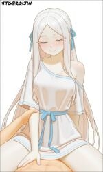 1boy 1girls ai_generated blue_eyes bow_ribbon clothed_sex collarbone cowgirl_position dress female girl_on_top looking_at_viewer pandora_(re:zero) pov re:zero_kara_hajimeru_isekai_seikatsu smile white_background white_hair