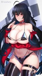 1girls 2021 absurdres ahoge alternate_version_available arm_under_breasts armpit_crease azur_lane bangs bare_shoulders bikini black_bikini black_choker black_hair black_legwear blush breasts checkered_flag choker cleavage closed_mouth collarbone covered_nipples cowboy_shot crossed_bangs eyebrows_visible_through_hair female female female_focus female_only flag groin hair_between_eyes hand_up highleg highleg_bikini highres huge_breasts jacket leg_garter long_hair long_sleeves looking_at_viewer multi-strapped_bikini multiple_straps navel no_eyewear off_shoulder official_alternate_costume one_side_up race_queen red_eyes red_jacket red_nails rezeharu sidelocks skindentation smile solo solo_female standing stomach swimsuit taihou_(azur_lane) taihou_(enraptured_companion)_(azur_lane) thick_thighs thigh_strap thighhighs thighs twitter_username underboob very_long_hair white_background