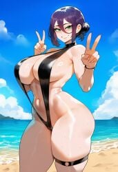 ai_generated beach chainsaw_man green_eyes huge_breasts looking_at_viewer peace_sign ponytail public purple_hair reze_(chainsaw_man) semi_nude slingshot_swimsuit smiling_at_viewer swimsuit
