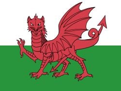 balls claws dragon dragon_tail erection european_mythology feral flag genitals hi_res looking_at_viewer male membrane_(anatomy) membranous_wings mythological_creature mythological_scalie mythology nude open_mouth penis pointy_penis raised_arm red_body scales scalie side_view simple_background smile solo standing tail teeth wales welsh_dragon western_dragon what wings zw3