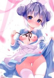 1girl absurdres apron armband bar_censor black_ribbon blue_dress blue_eyes blush breasts censored closed_mouth clothes_lift collarbone day double_bun dress futaba_miwa gochuumon_wa_usagi_desu_ka? hair_bun hat highres indoors kafuu_chino lifting_own_clothes long_sleeves looking_at_viewer neck_ribbon nipples no_bra no_panties nurse nurse_cap page_number petals purple_hair pussy ribbon skindentation skirt skirt_lift small_breasts smile solo standing thighhighs white_apron white_thighhighs