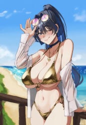 beach cleavage eipanguino glasses golden_bikini huge_breasts large_breasts ouro_kronii ponytail tagme
