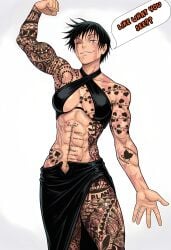 1girls abs absurd_res absurdres ai-generated ai_assisted blacked bnwo brown_eyes burn_scar cheating flexing_muscles green_hair halter_top halterneck high_resolution highres jujutsu_kaisen maki_zenin medium_breasts muscular_female one_eye_closed qos qos_tattoo raleu10 scar_on_eye scars_all_over short_hair skirt slit_skirt solo solo_female solo_focus tattoos thigh_slit tribal_tattoo zenin_maki