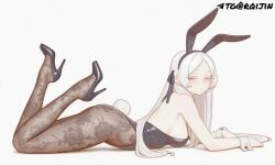 1girls ai_generated background blue_eyes bow_ribbon bunny_ears bunny_tail bunnysuit female looking_at_viewer lying pandora_(re:zero) pov re:zero_kara_hajimeru_isekai_seikatsu white white_hair