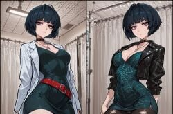 ai_assisted ai_generated belt blue_hair bob_cut brown_eyes clothed clothing doctor dress hospital jacket lab_coat leather leather_jacket looking_at_viewer necklace persona persona_5 persona_5_royal red_belt tae_takemi velfur