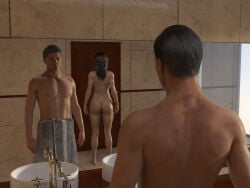 1boy 1girls 3d back_view crossover daz_studio female james_bond james_bond_(series) lara_croft male mirror nude nude_female o97t5s tomb_raider