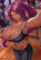 1girls alternate_version_available areolae armpits big_breasts bleach breasts breasts_out dark-skinned_female dark_skin exlic female female_only flashing flashing_breasts futanari_version_available large_breasts long_hair looking_at_viewer navel nipples no_bra ponytail purple_hair selfie sexy_armpits shihouin_yoruichi smile solo sportswear sweat undressing