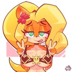 1girls anthro bikini blonde_hair breasts claws coco_bandicoot crash_(series) eyelashes eyeshadow female flower fur furry green_eyes heart-shaped_pupils large_breasts long_hair navel peace_sign ponytail saliva solo tongue vixycore