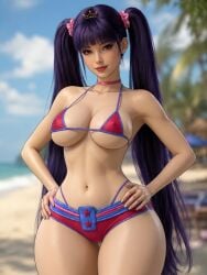 1girls ai_generated alternate_art_style alternate_costume beach belly_button black_outline blurry_background briefs brown_eyes cleavage dark_blue_hair different_artstyle eyelashes eyeshadow female female_only grok hair_ornament hair_scrunchie hair_tie hands_on_hips hourglass_figure inner_sideboob light-skinned_female lipstick looking_at_viewer medium_breasts micro_bikini_top microshorts midriff musa_(winx_club) narrow_waist ocean rgomez007 self_upload semirealistic sideboob slight_smile solo_female standing swimsuit thick_lips thick_thighs thong_straps tiara tropical twintails underboob very_long_hair warm_lighting wide_hips winx_club