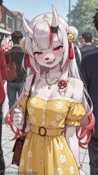 1girl ai_generated bag bare_shoulders bell blush bracelet breasts cleavage collarbone crying decurse double_bun dress fangs floral_print furry furry_female hair_bell hair_bun hair_ornament handbag hololive horns jewelry long_hair looking_at_viewer medium_breasts multicolored_hair multiple_boys nakiri_ayame necklace off_shoulder oni oni_horns open_mouth outdoors red_eyes red_hair smile solo_focus tears virtual_youtuber white_hair yellow_dress