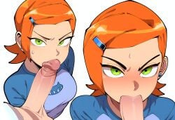 1boy 1girls :>= aged_up ai_generated ass ben_10 ben_tennyson blowjob breasts close-up clothed cousins fellatio female green_eyes gwen_tennyson huge_cock incest light-skinned_female light-skinned_male light_skin male male/female mullon novelai omnitrix oral orange_hair penis redhead short_hair
